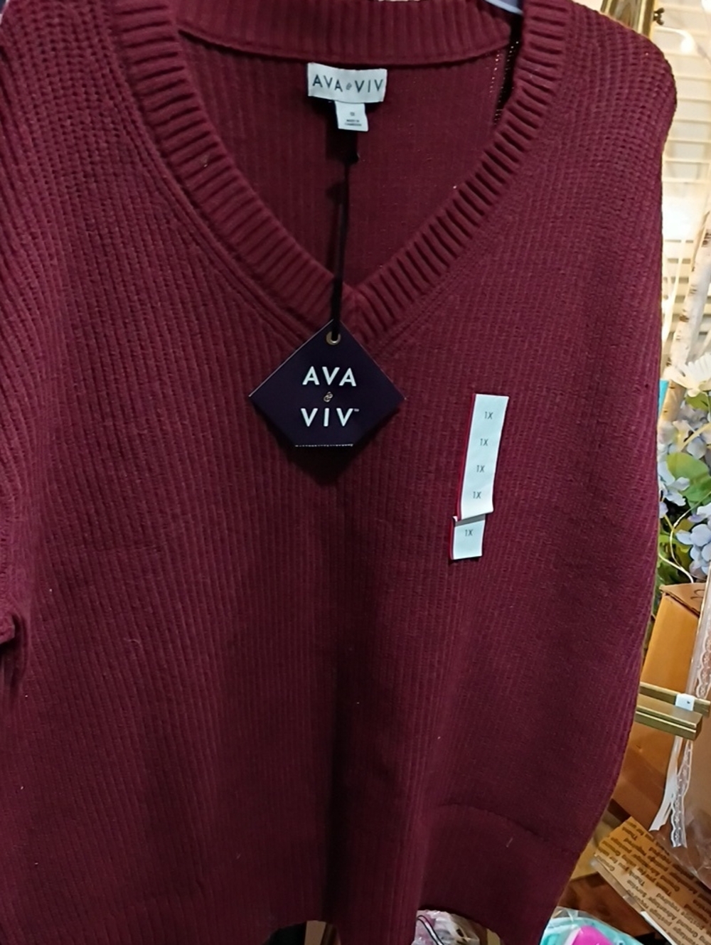 Ava & Viv Burgundy Ribbed V-Neck Sweater